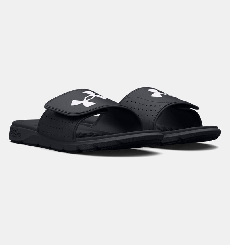 Under Armour Ignite Pro SL sandals in black with adjustable strap, perforated upper, and cushioned footbed, angled front view.