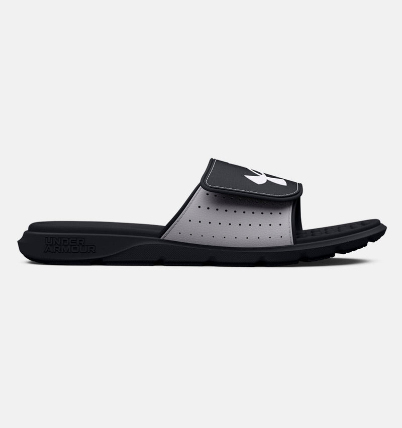 Under Armour Ignite Pro SL slides in gray and black with perforated adjustable strap and cushioned footbed, side view