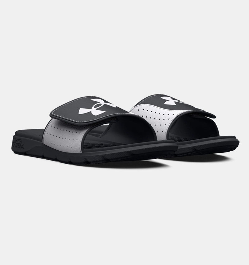 Under Armour Ignite Pro SL slides in black and gray with adjustable Velcro strap and cushioned footbed, angled front view.