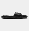 Under Armour Ignite VI SL sandals in black with adjustable strap, perforated design, and cushioned sole, side view.