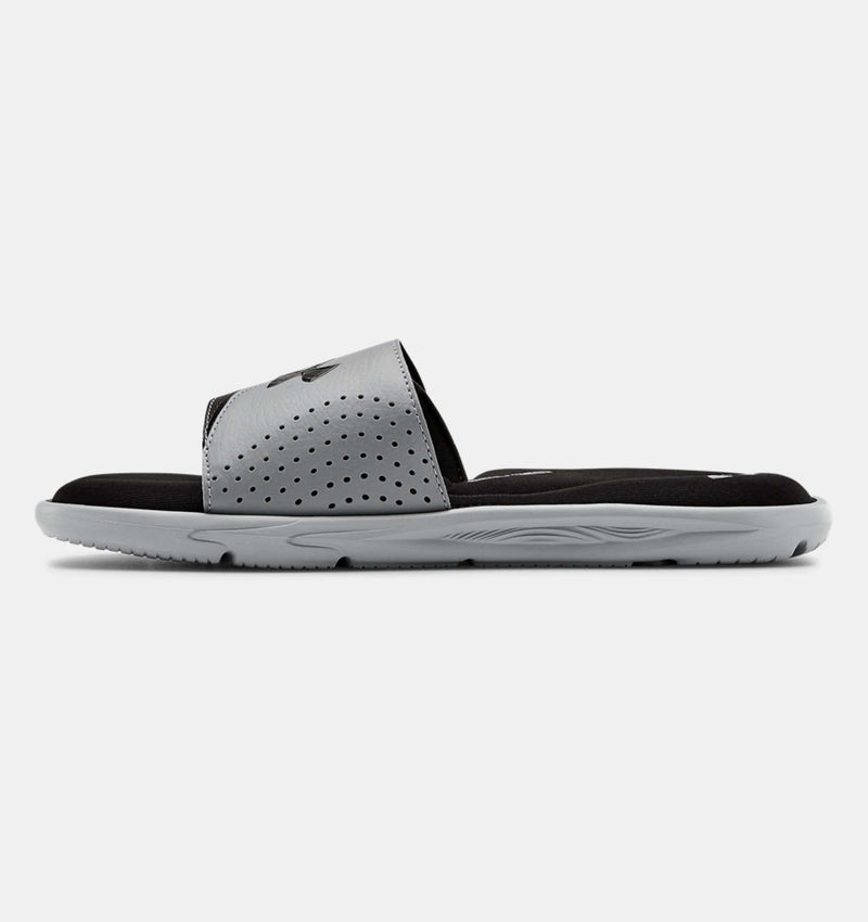 Under Armour Ignite VI SL slides in gray and black with perforated strap design and cushioned sole, side view.