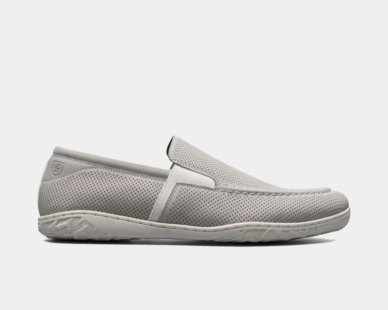 Stacy Adams Ilan loafers in light gray with perforated leather upper and cushioned sole, side view.