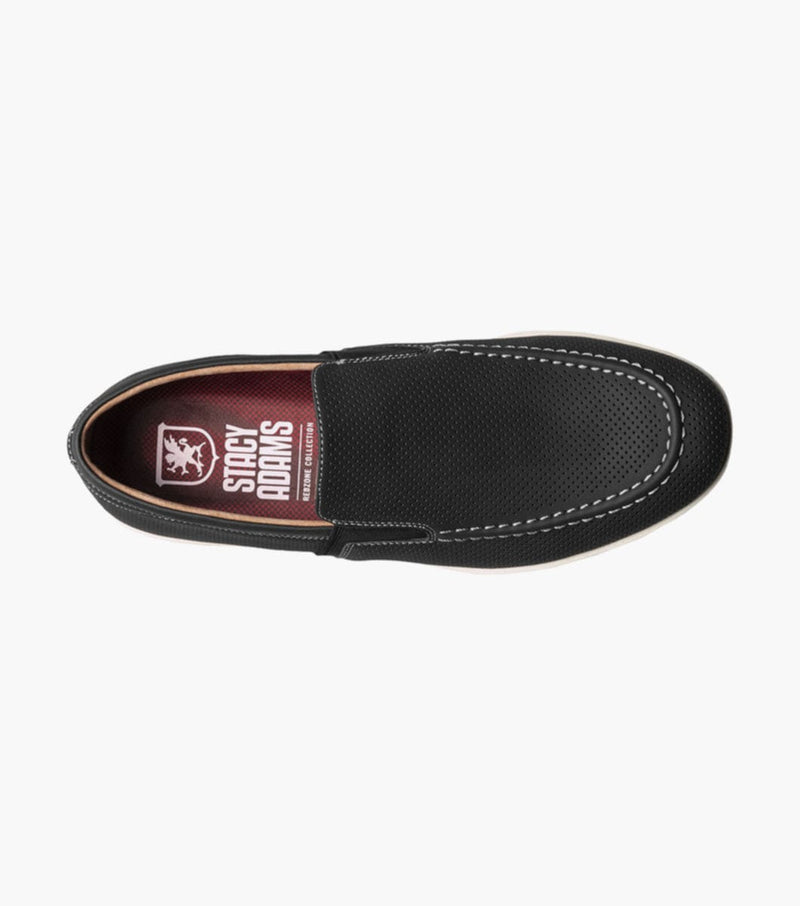 Stacy Adams Ilan loafers in black with perforated upper, white stitching, and cushioned red insole, top view.