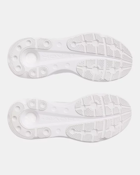 Under Armour Infinite Pro 2 running shoes outsole in white showing HOVR cushioning and durable rubber tread design.
