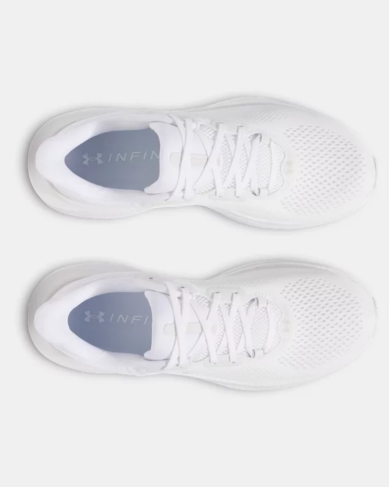 Under Armour Infinite Pro 2 running shoes in all-white with breathable mesh uppers and lace-up design, top view.