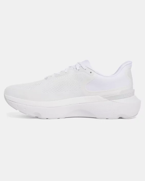 Under Armour Infinite Pro 2 running shoes in all-white featuring breathable mesh upper and cushioned midsole, side view.