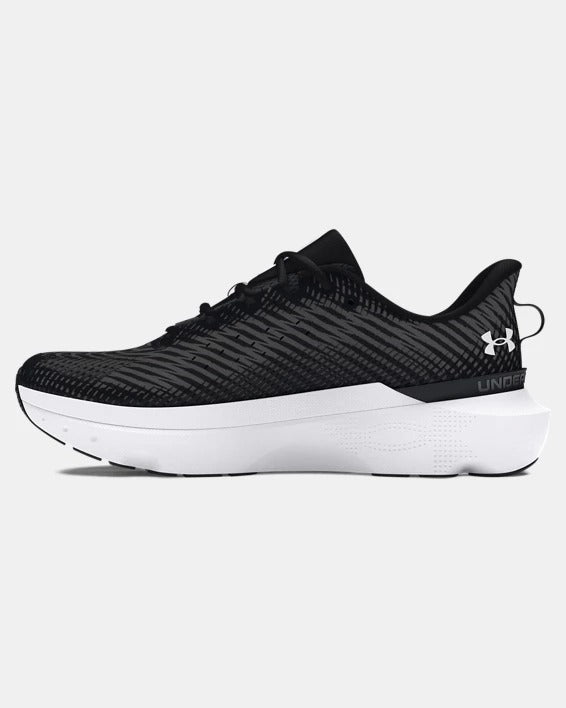 Under Armour Infinite Pro running shoes in black with a patterned mesh upper and white cushioned sole, side view.