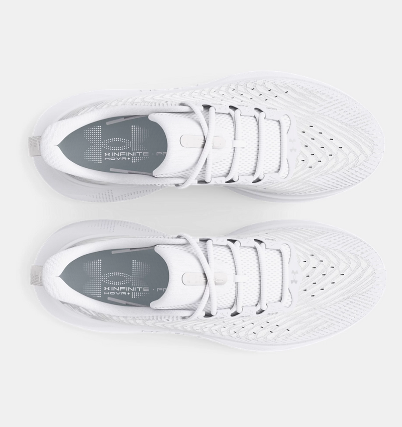 Under Armour Infinite Pro running shoes in white with breathable mesh upper and HOVR cushioning, top view.