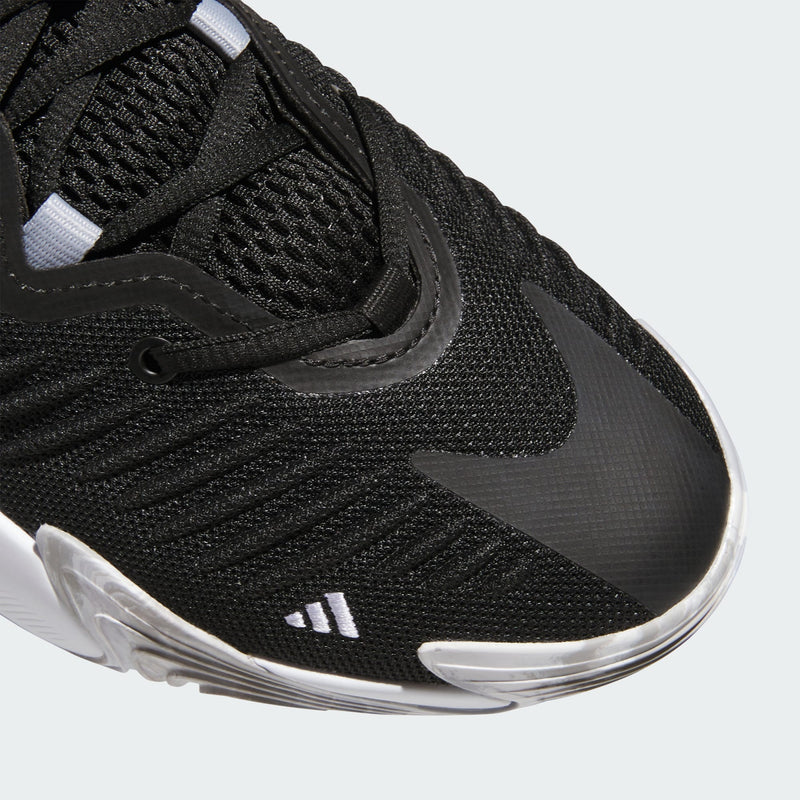 Adidas Initiation shoes black mesh upper with textured overlays and white logo details, close-up top front view.