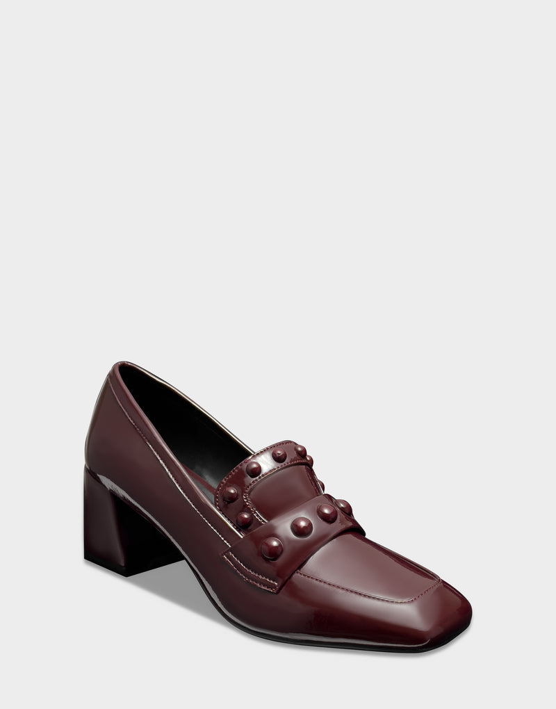 Comfortable Women's Heeled Loafer In Burgundy Patent Faux Leather Side Angle View