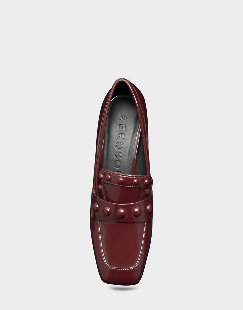Comfortable Women's Heeled Loafer In Burgundy Patent Faux Leather Full Front View