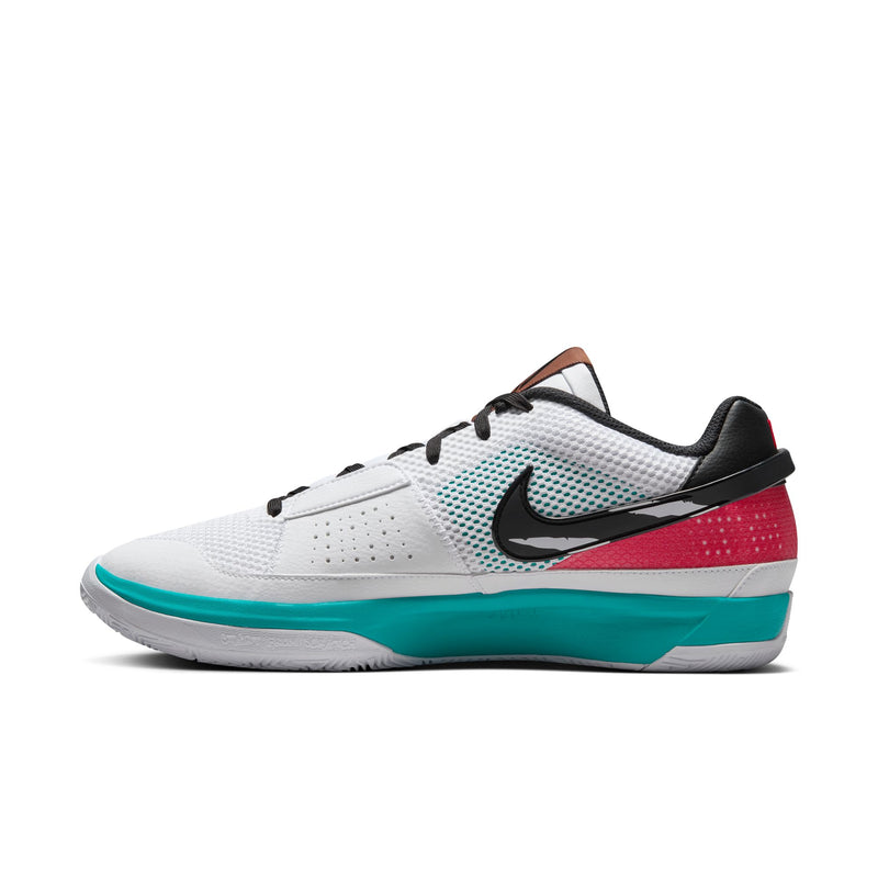 Nike Ja 1 "Scratch" basketball shoes in white with teal accents, black Swoosh, and red and black heel details, side view.