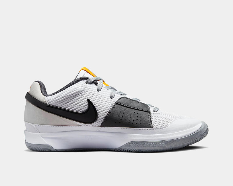 Nike Ja 1 "Wet Cement" basketball shoes in white and gray with black Swoosh logo, breathable mesh upper, and textured outsole, side view.