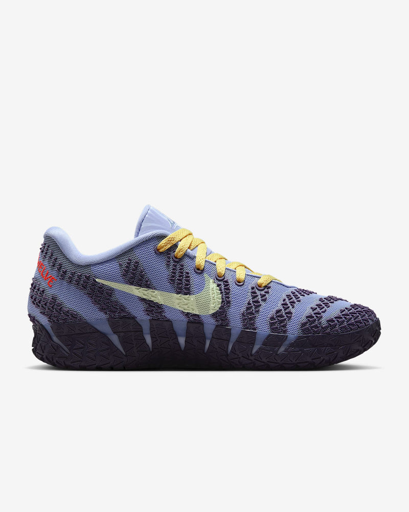 Nike Ja 3 "Channel 12" basketball shoes in light purple with black textured accents, yellow laces, and pale green Nike Swoosh, side view.