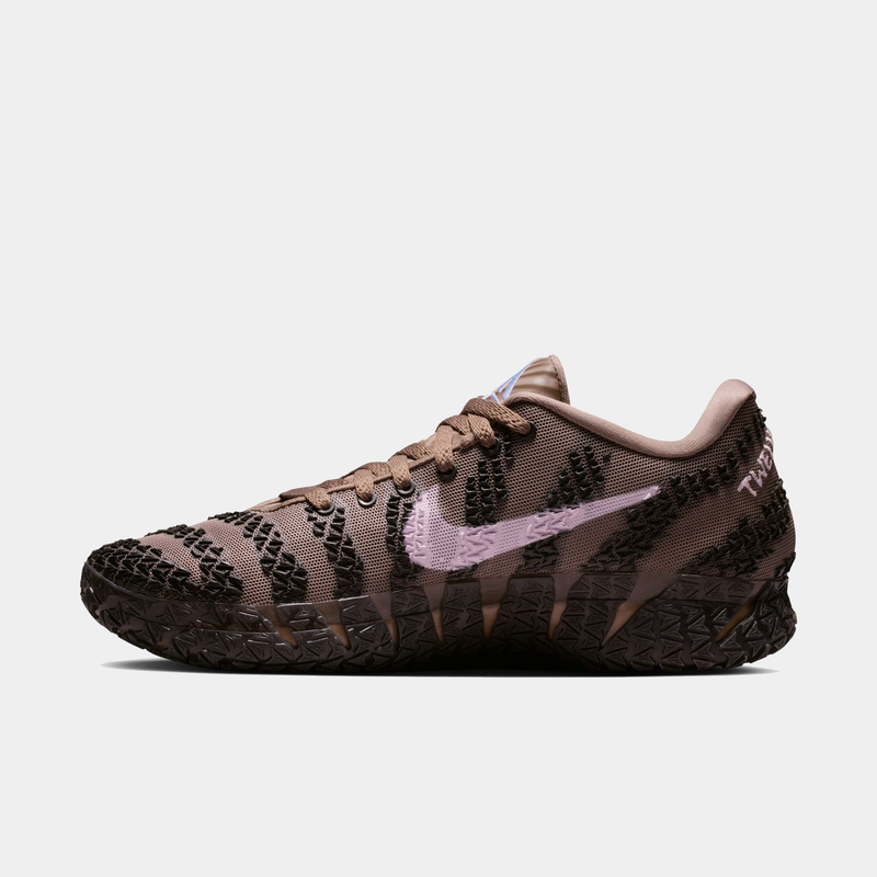 Nike Ja 3 "Mink Brown" basketball shoes in mink brown and black with textured upper, pink Swoosh logo, and unique patterned outsole, side view.