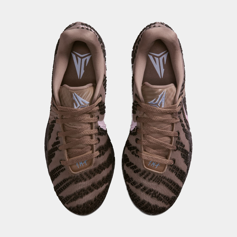 Nike Ja 3 "Mink Brown" basketball shoes with textured brown and black upper, lace-up closure, and Ja Morant logo, top view.