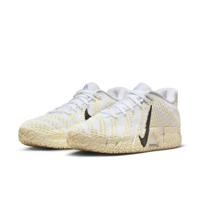 Nike Ja 3 "Sail" basketball shoes in white and cream with textured outsole, black Swoosh, and lightweight mesh upper, front angle view.