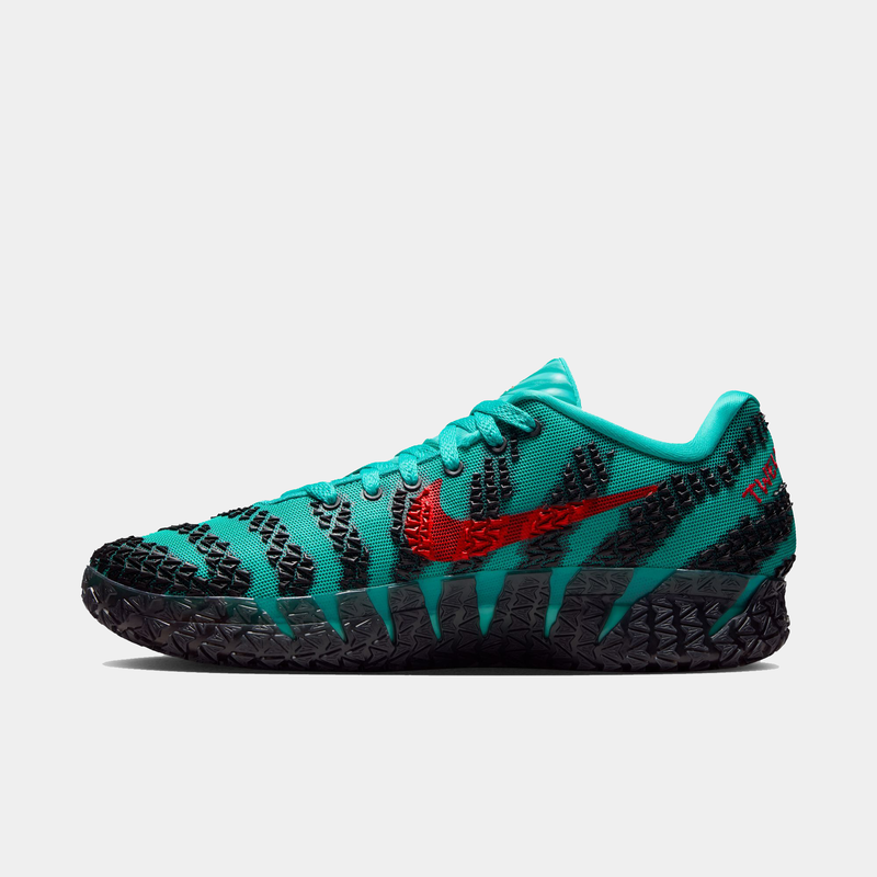 Nike Ja 3 "Scratch 3.0" basketball shoes in teal mesh with black scratch pattern and red Nike swoosh, side view.
