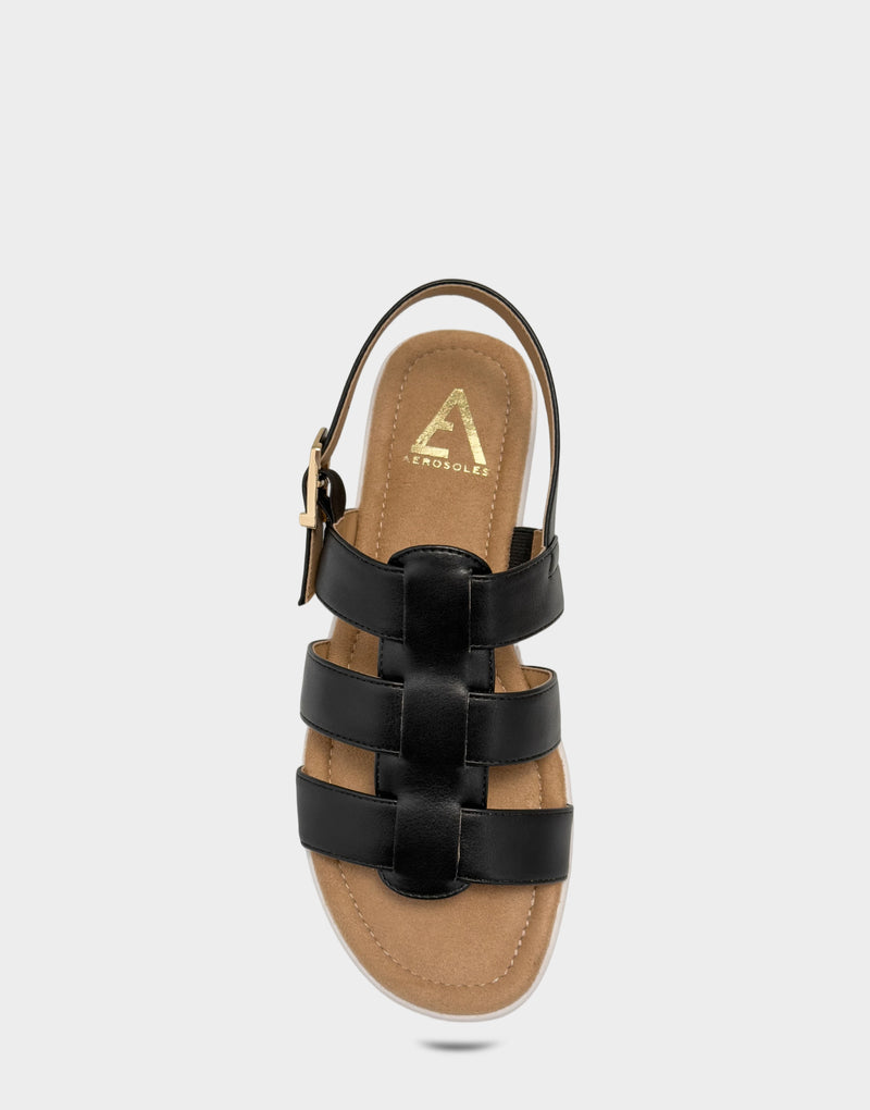 Comfortable Women's Fisherman Sandal in Black Faux Leather Full Front View