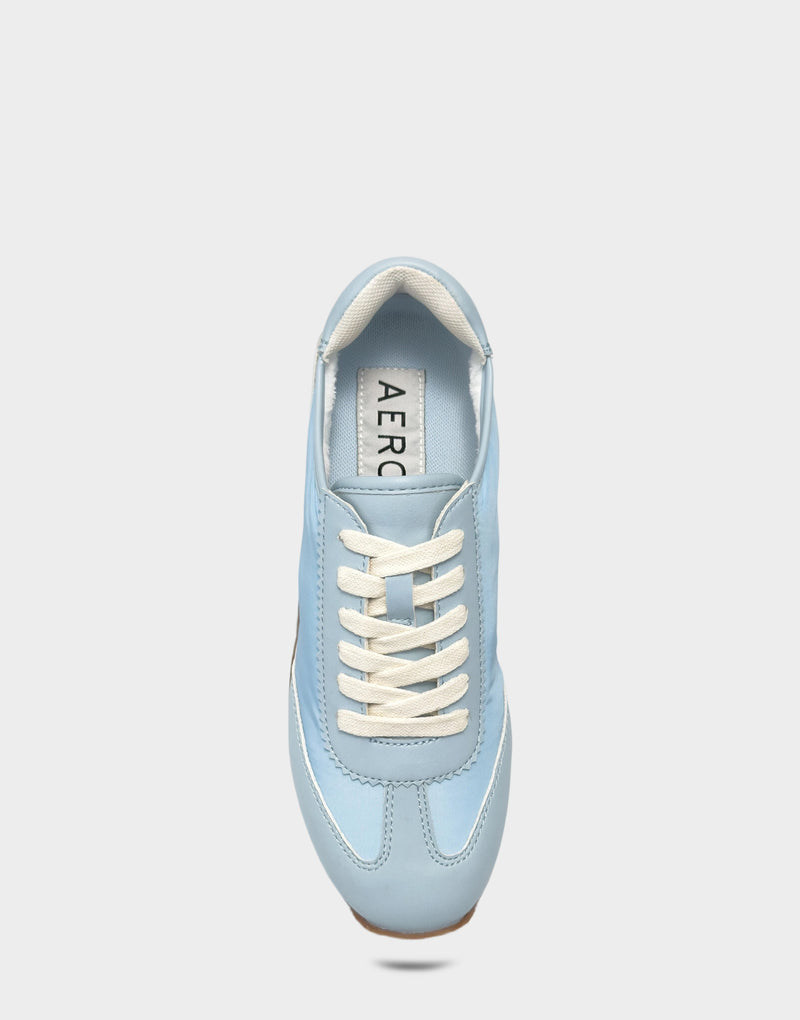 Comfortable Women's Sneaker in Pale Blue Nylon/Faux Leather, top view