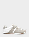 Comfortable Women's Lace Up Sneaker In White Faux Suede Side View