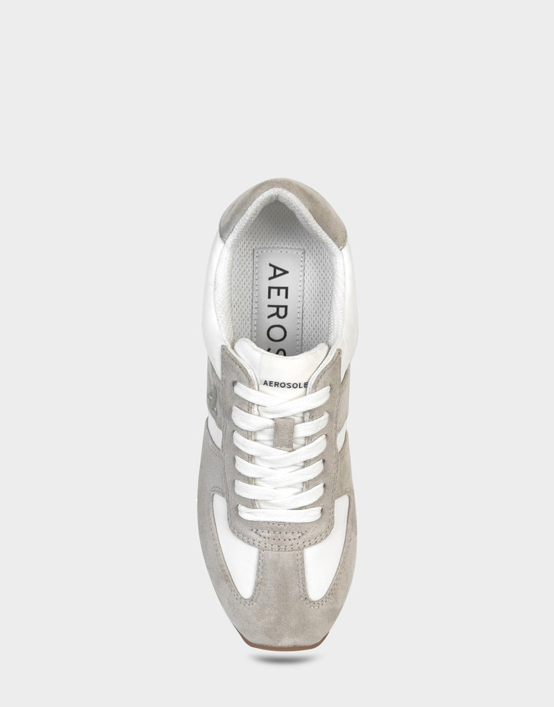 Comfortable Women's Lace Up Sneaker In White Faux Suede Full Front View