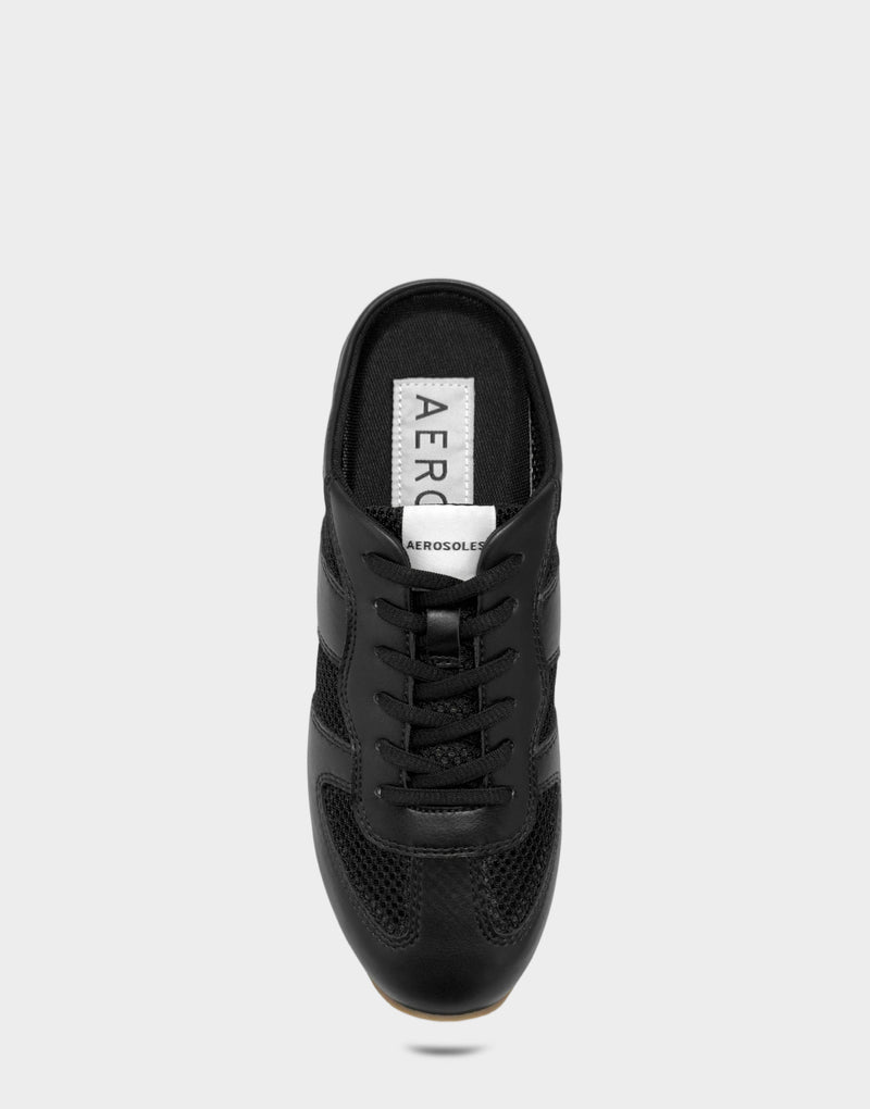 Comfortable Women's Sneaker Mule in Black Faux Leather & Mesh, top view