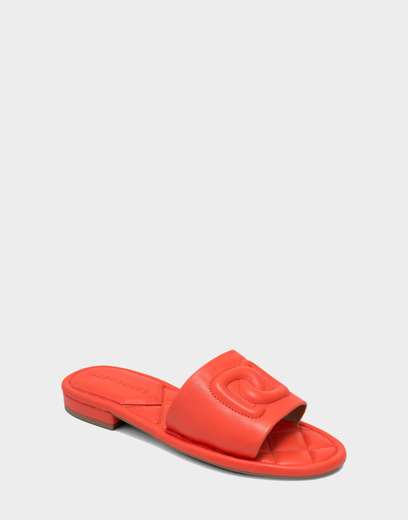 Comfortable Women's Flat Sandal in Orange Faux Soft Leather, angle view