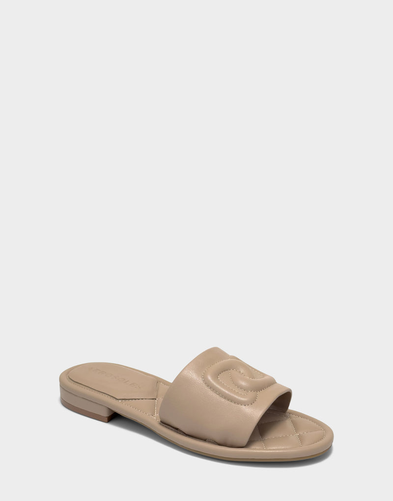 Comfortable Women's Flat Sandal in Natural Faux Soft Leather, angle view
