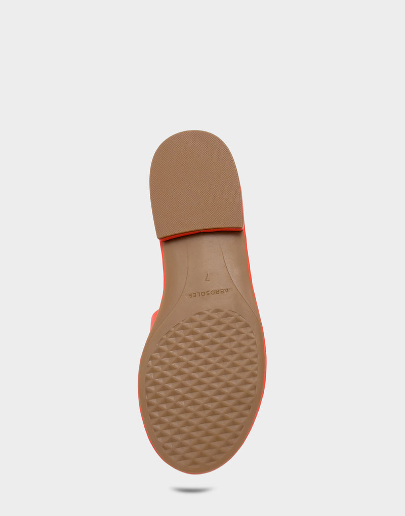 Comfortable Women's Flat Sandal in Orange Faux Soft Leather, sole view