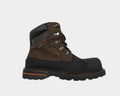 Hoss K-Tough 6" boot in brown and black with reinforced toe, rugged tread outsole, and orange stitch accents, side view.