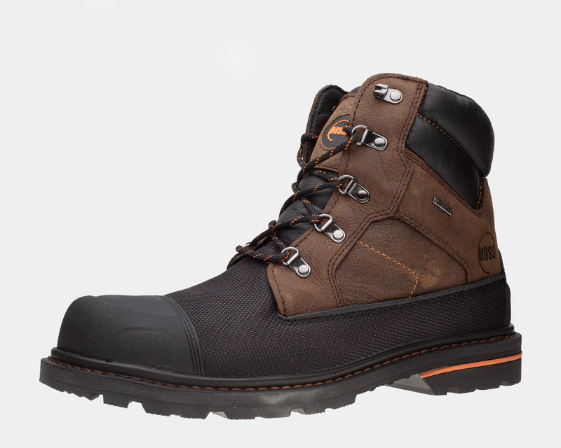 Hoss K-Tough 6″ boot in brown leather and black reinforced material with durable metal eyelets, side view showing lugged outsole.