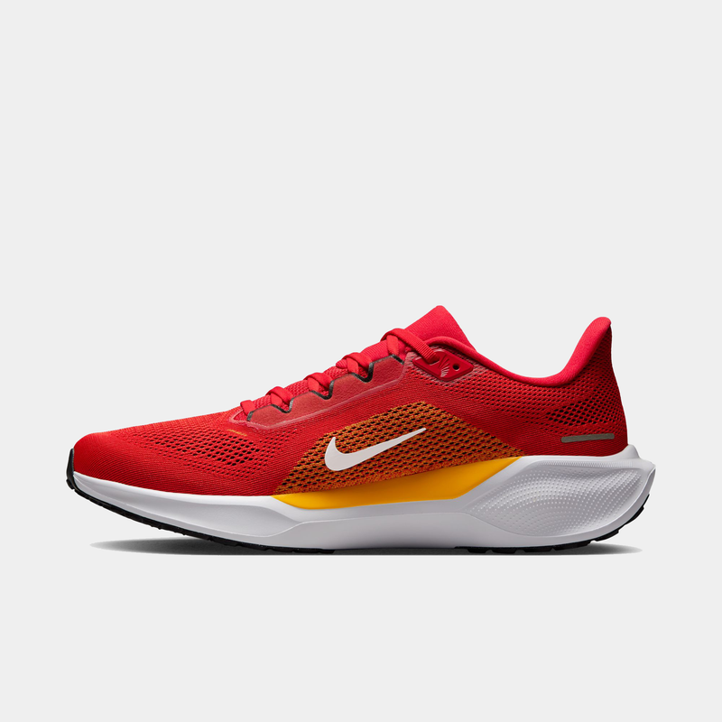 Nike Kansas City Chiefs Pegasus 41 running shoes in red and yellow with white Swoosh logo and breathable mesh upper, side view.