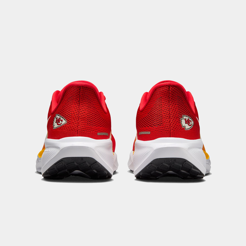 Nike Kansas City Chiefs Pegasus 41 running shoes in red with Chiefs logo, white midsoles, and black outsole, back view.
