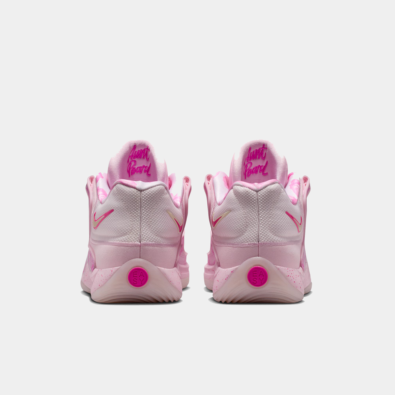 Nike KD 18 "Aunt Pearl" basketball shoes in light pink with branding details, textured heel, and vibrant pink accents, back view.