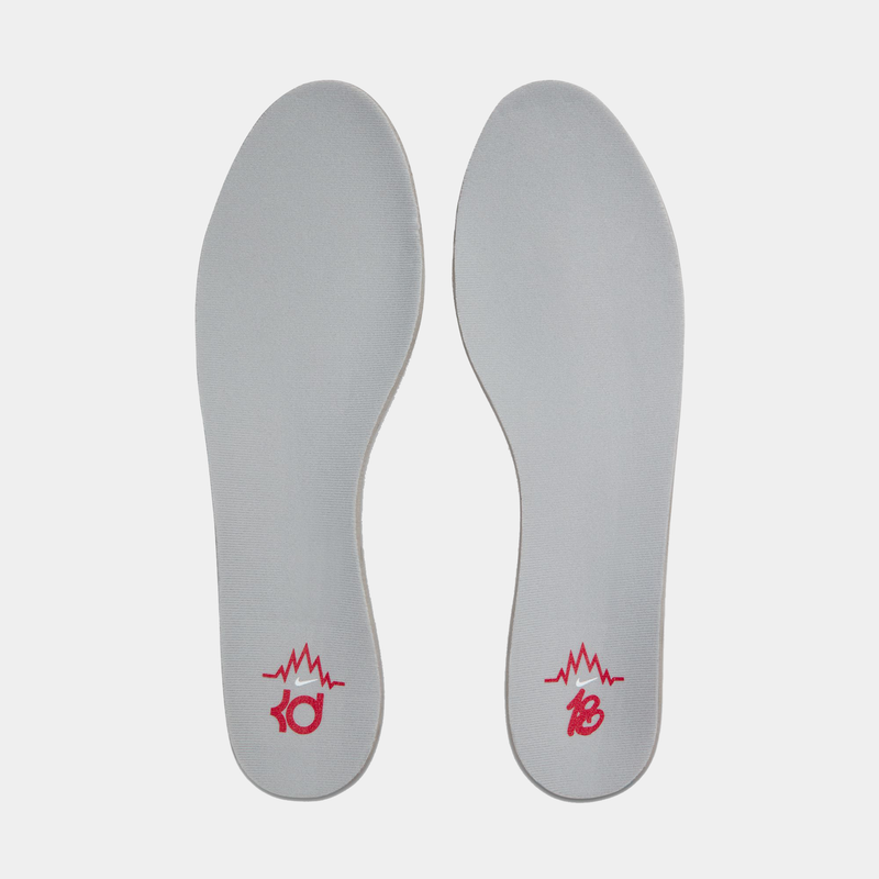 Nike KD18 "Wayne" insoles in light gray with red graphic details, top view showing minimalistic design.