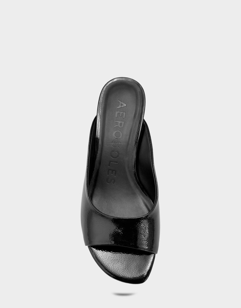 Comfortable Women's Heeled Sandal in Black Faux Crinkle Patent Full Front View