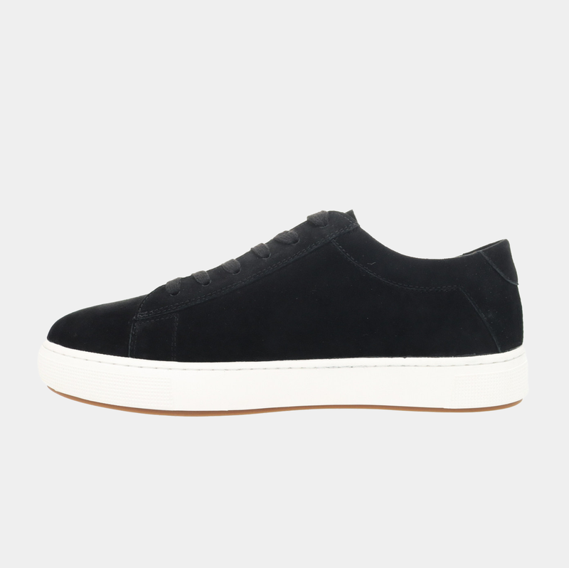 A black suede sneaker with a lace-up closure, round toe, and a flat white rubber cup outsole.
