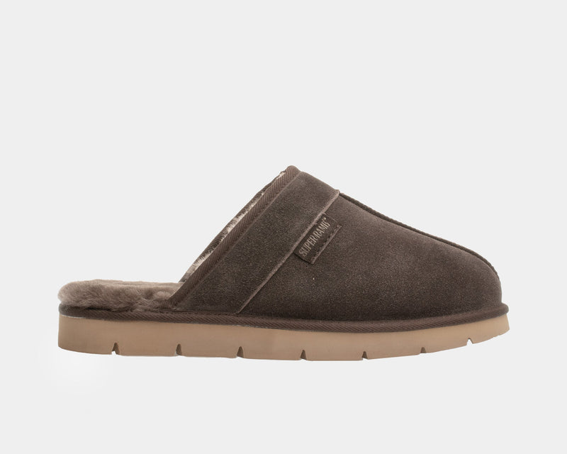 SuperLamb Khulan slippers in brown suede with plush shearling lining and durable rubber outsole, side view.