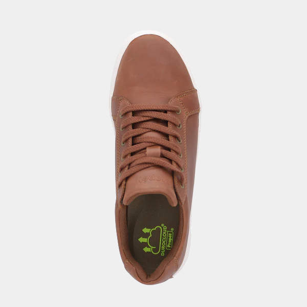 Propét Koda shoes in brown leather with lace-up closure and cushioned insole featuring arch design, top view.