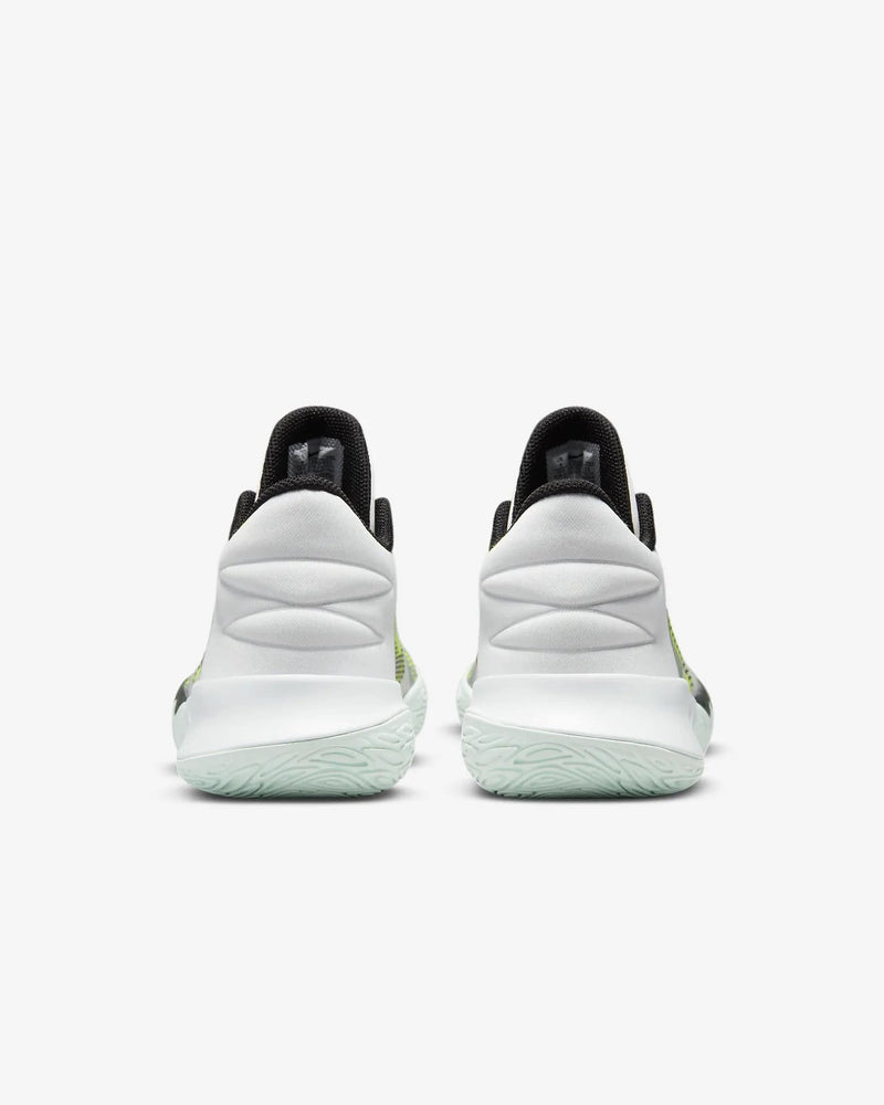 Nike Kyrie Flytrap V basketball shoes back view, white upper with padded heel counter, black collar, and mint green outsole.