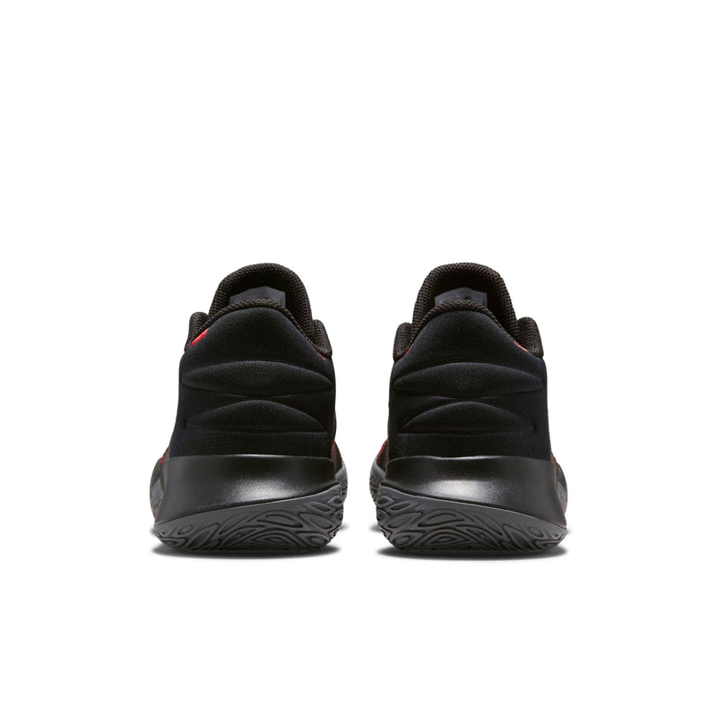 Nike Kyrie Flytrap V basketball shoes back view in black and red highlighting cushioned heel and textured outsole.