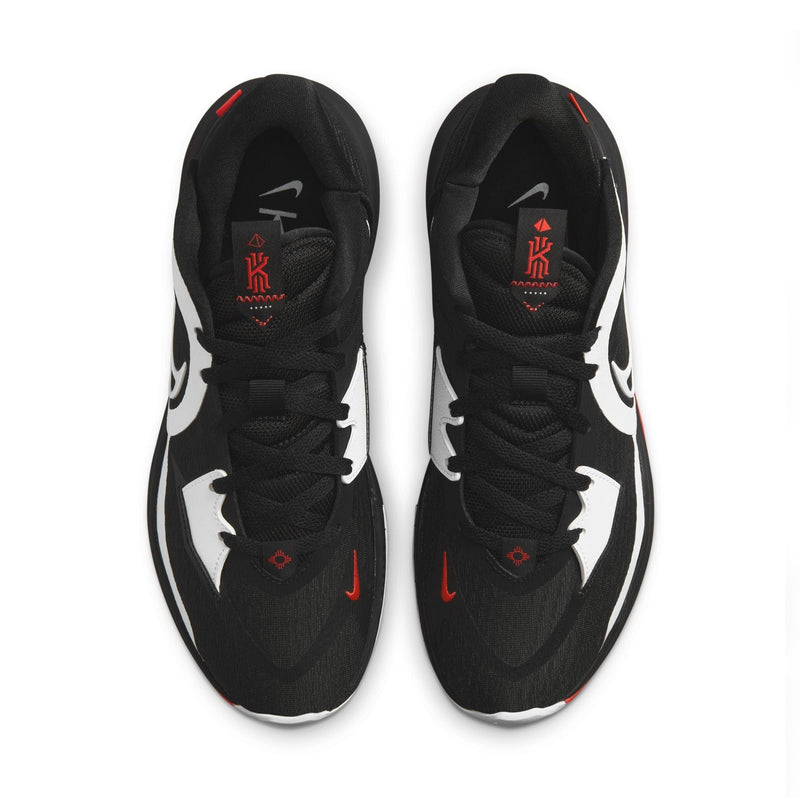 Nike Kyrie Low 5 basketball shoes in black with white accents, red logo details, and mesh uppers, top view.