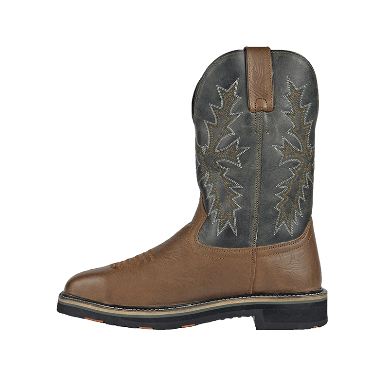 Hoss Landon Comp Toe Western Boot in brown and gray with embroidered upper and sturdy sole, side view.