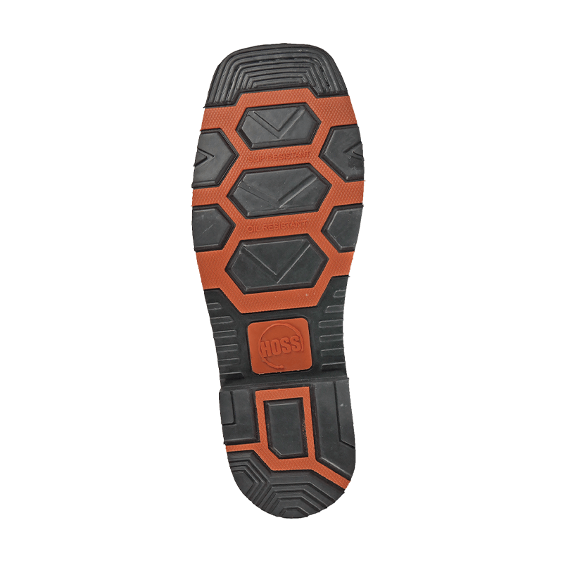 Hoss Landon Comp Toe Western Boot outsole with slip-resistant tread pattern and orange accents, bottom view.