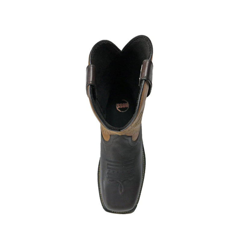Hoss Landon Soft Toe Western Boot in black and brown leather with engraved design, top view showing pull straps and interior branding.
