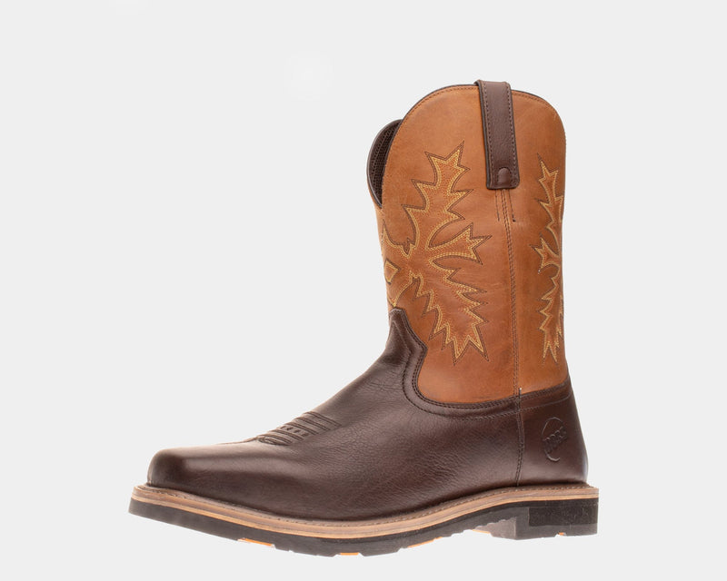 Hoss Landon Soft Toe Western Boot in brown and tan leather with embroidered design, side view showing pull tabs and sturdy outsole.