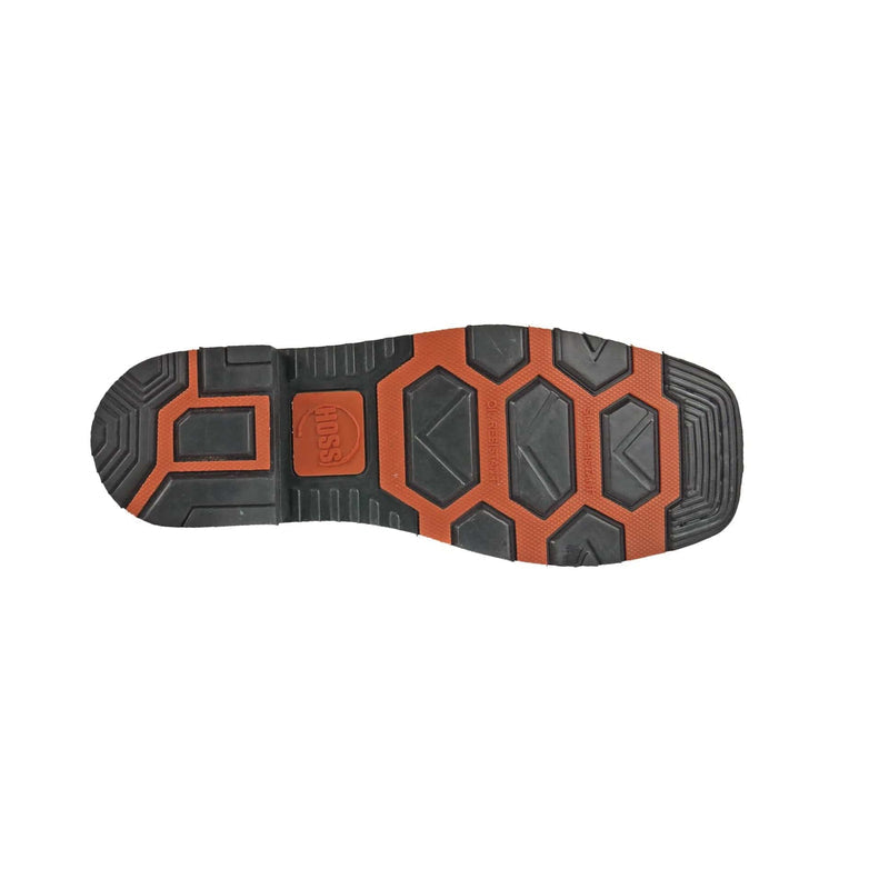 Hoss Landon Soft Toe Western Boot outsole showing slip-resistant tread pattern in black and orange rubber, bottom view.