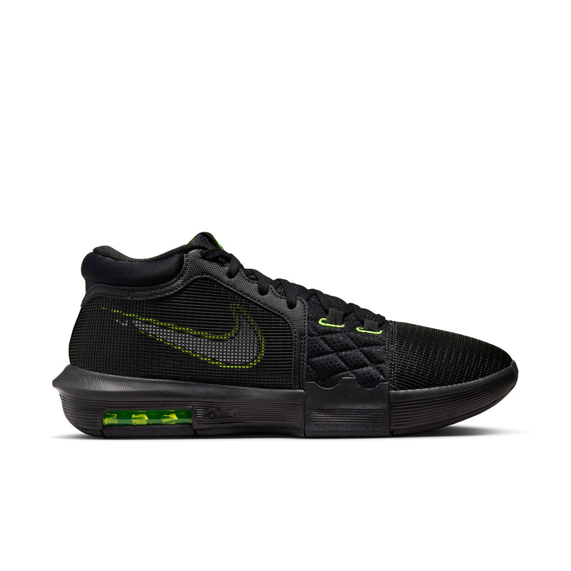 Nike LeBron Witness 8 basketball shoes in black with green accents, mesh upper, and lightweight cushioning, side view.