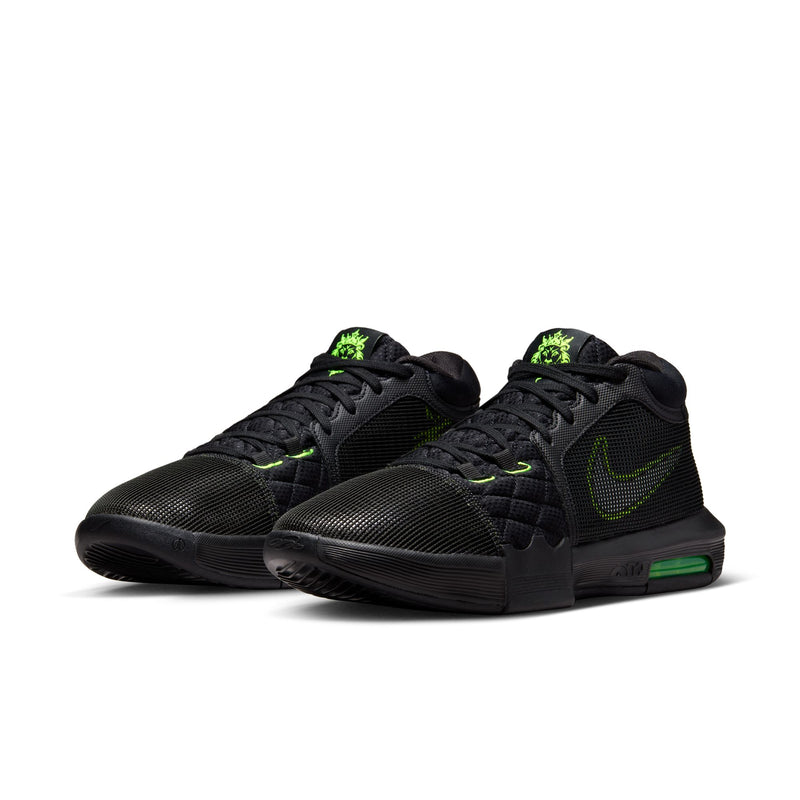 Nike LeBron Witness 8 basketball shoes in black with neon green accents, mesh upper, visible Air cushioning, and front angle view.